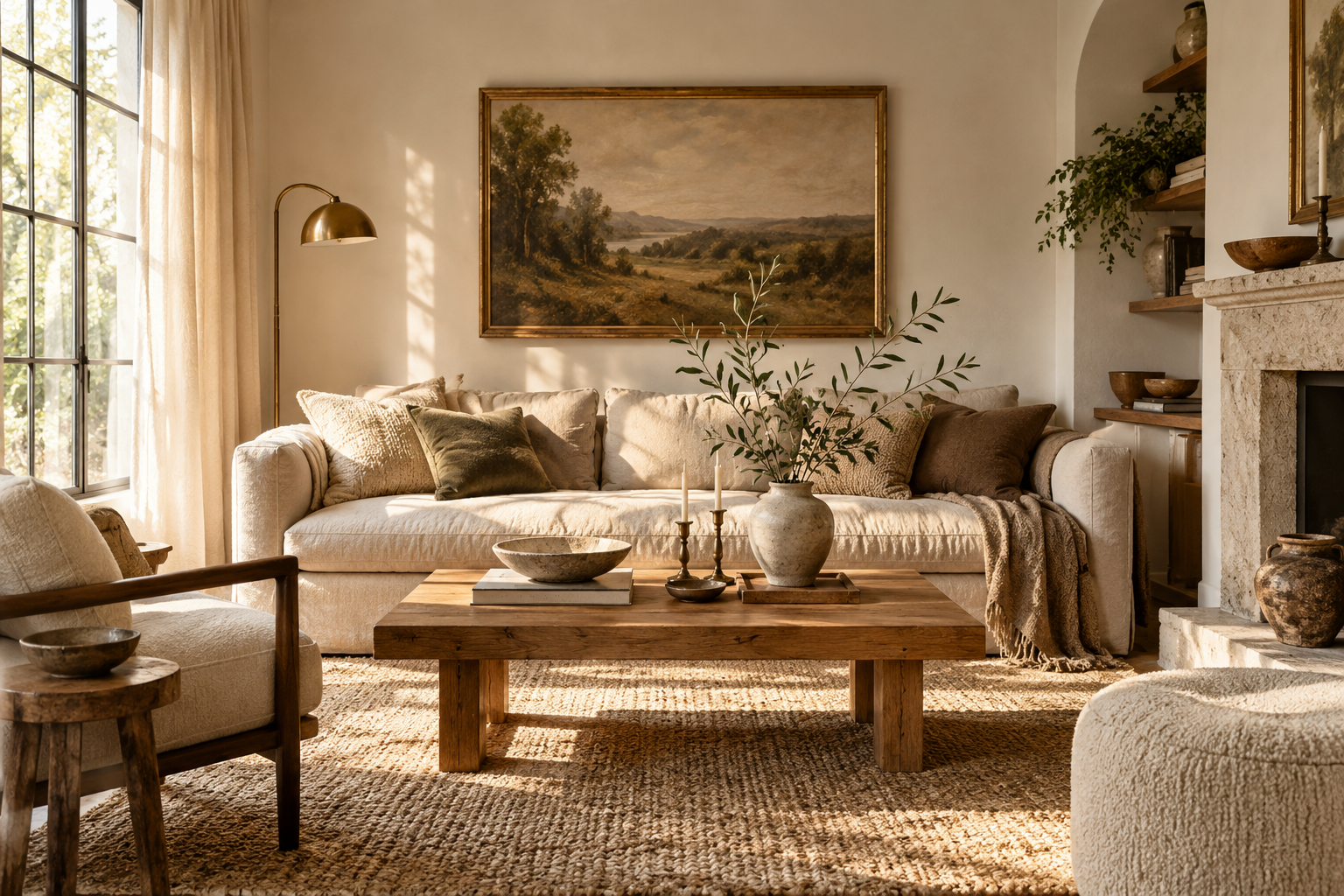 An imagined living room with a linen sofa, oak table, and warm afternoon light